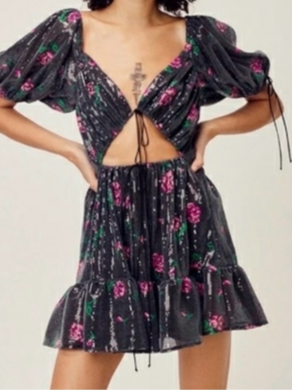 For Love & Lemons Sequin Floral Cutout Mini Dress Black XS Rare